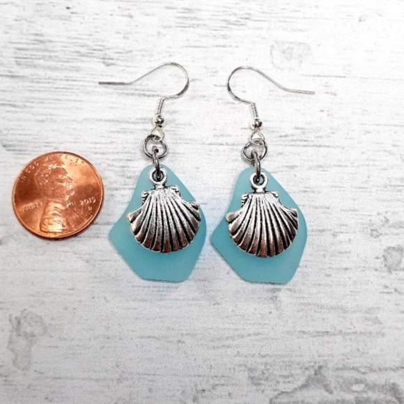 Sky Blue Sea Glass Clam Shell Earrings - Picture 2 of 5